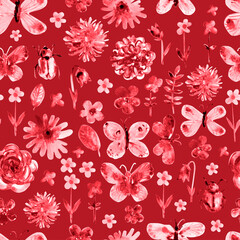 Hand drawn watercolor seamless pattern with flowers and butterflies. Colorful rose, daisy, dahlia, beetle, moth, leaves drawings