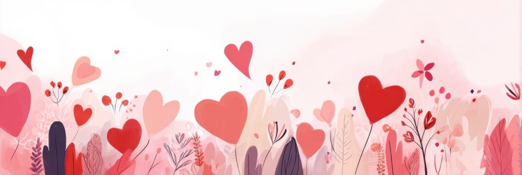 Valentines day watercolor abstract hearts background banner, delightful boho illustration, artistic doodle, panoramic web header with copy space, wide screen wallpaper.