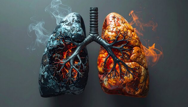 Human lungs with smoke and fire. Healthy and unhealthy lung comparison. Smoking and pollution effects. Respiratory system. Dark background. Medical illustration.
