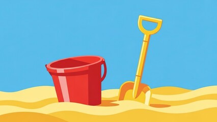 Red Bucket and Yellow Shovel on Sandy Beach Under Blue Sky.