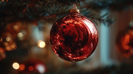 An extremely detailed macro shot of a single shiny, red round ornament reflecting the entire Christmas tree and room,