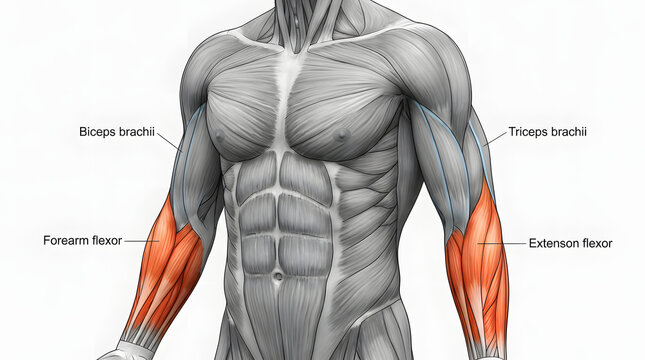 Anatomical illustration showing the muscles of the human male torso and arms with labels on a white background