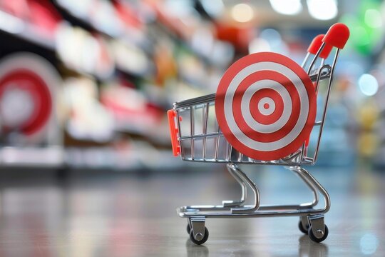Miniature shopping cart carrying target inside supermarket, representing marketing strategy and consumer behavior