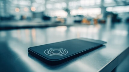 Closeup of a modern office desk featuring a wireless charging mat with a smartphone placed on it main object in sharp focus and background softly blurred.