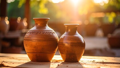 Two handmade, earthenware vases sit on a weathered wooden table with sunlight streaming in the background, bokeh
