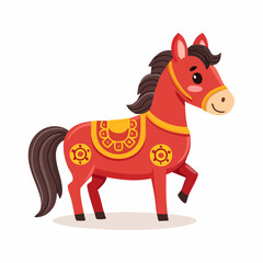 Festive Red Horse Doodle with Golden Saddle and Dark Mane on White Background Cartoon Illustration for Chinese New Year Celebration Cute and Playful Design Detailed