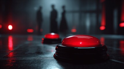 Two illuminated red buttons are positioned on a dark surface. Behind them, blurry figures stand in dim lighting, creating an atmosphere of suspense. The scene is mysterious and dramatic.
