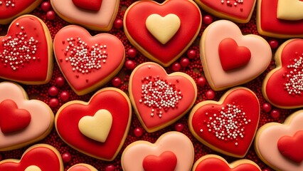 Obraz premium Heart shaped cookies with red pink and yellow icing and sprinkles heart cookies valentine cookies
