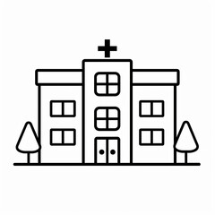 Simple line art illustration of a modern hospital building with trees and a cross symbol.