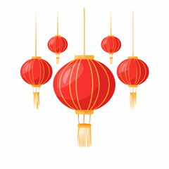 Vibrant Red Chinese New Year Lanterns with Golden Accents Hanging Decoratively on a Clean White Background Symbolizing Celebration and Cultural Richness