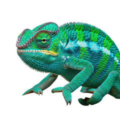 Obraz premium Vibrant green chameleon displays intricate scales and unique eye structure against a dark backdrop transparent background