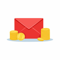 Golden Coins Stacked Near a Red Envelope in a Flat Style Vector Illustration on a White Background Presents a Festive Financial Theme