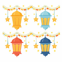 Set of Colorful Lanterns and Star Garlands for Festive Islamic Celebration Decorative Lanterns in Red Blue and Yellow Colors
