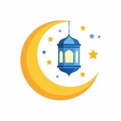 Crescent Moon with an Islamic Lantern and Fireflies Against a White Background Symbolizing Ramadan Festive Observance and Tradition with Stars and Gold Accents