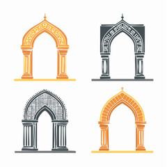 Islamic Arch Silhouettes in Traditional Styles Featuring Intricate Architectural Designs with Gold and Gray Color Isolated on White Background