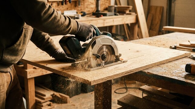 Carpenter cutting wooden plank with circular saw in professional woodworking workshop - Powered by Adobe
