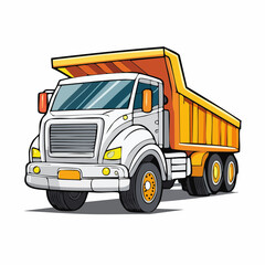 Bold Outline Dump Truck with Orange Bed and White Cab on White Background Children's Coloring Page Style Illustration Detailed Cartoon Vehicle Design