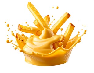 Delicious cheese sauce splashing over crispy golden french fries