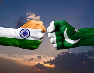 Two fists, each painted with national flags, collide in the center. The background features a vibrant sunset