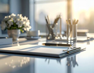 Professional Office Desk with Clipboard and Pen in Bright Sunlight.