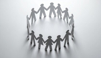 Paper people chain forming a circle on a white background, symbolizing unity and teamwork.