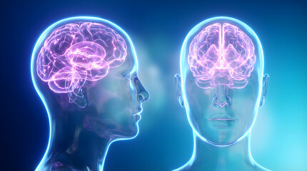 Obraz premium Two translucent human head outlines with visible brain structures in purple and pink against a blue gradient background