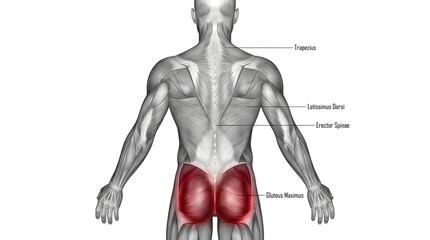 Anatomical illustration showing the muscles of a human figure from the back with labeled muscle groups in a stylized representation