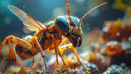 Macro shot of a vibrant orange and blue insect with intricate details and large compound eyes.