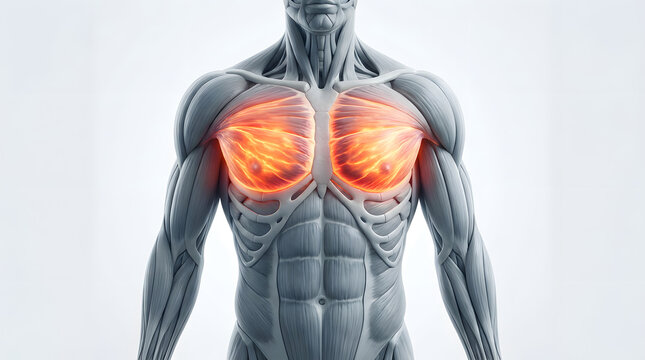 Anatomical rendering of a muscular human torso with highlighted chest area against a bright white background