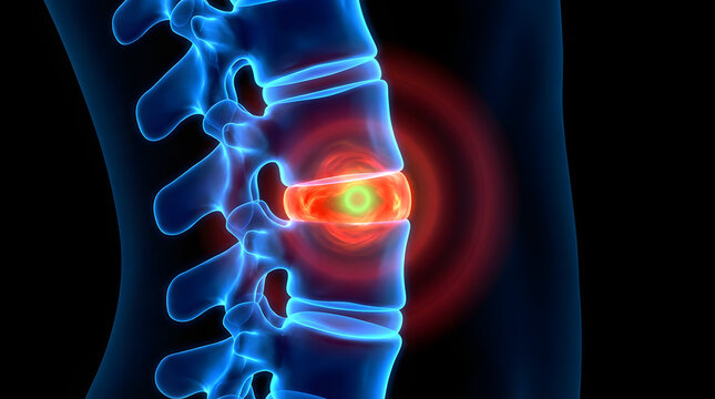 Anatomical spine illustration showing vertebrae with a highlighted section and radiating red circles on a dark background
