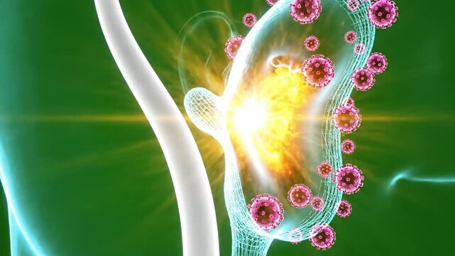 3D Glowing Hologram of Parainfluenza Virus Attacking Human Upper Respiratory Tract on Green Background Representing