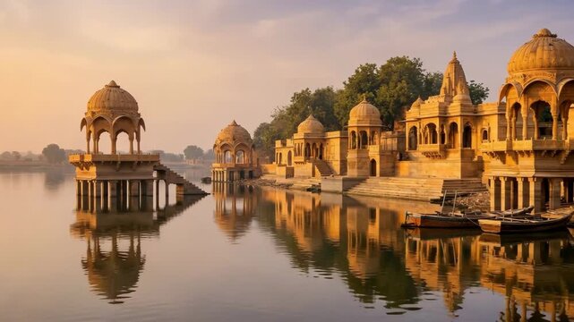 morning view gadi sagar temple gadisar lake jaisalmer, india landscape video