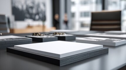 Medium shot of a professional setting with foam board presentation materials arranged neatly emphasizing sleek design and clarity.