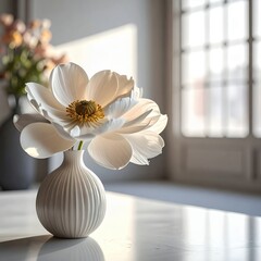 Elegant White Peony in Ribbed Vase on Table with Soft Sunlight.