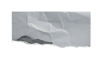 A ripped and crumpled rectangle of off-white paper isolated against a stark black background