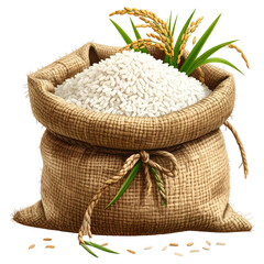 A burlap sack brimming with white rice and stalks of grain