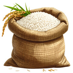 A burlap sack overflowing with white rice and a sprig of golden rice stalks
