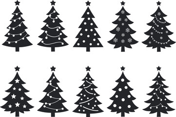Fototapeta premium Ten Black Christmas Trees with Decorations and Stars