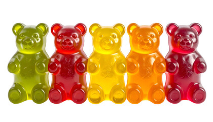 A line of five colorful gummy bear candies, each in a different vibrant hue, on a black backdrop