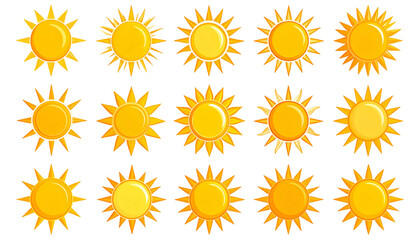 Fifteen stylized suns with various ray shapes and gradients on a black background