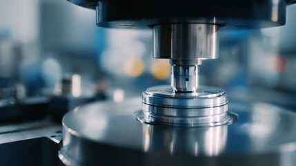 Clear medium perspective of a lens edging machine at work emphasizing the careful and precise lens fitting with the central lens edge crisp and a blurred machine backdrop.