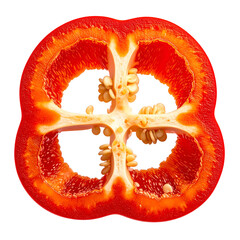Cross-section of a ripe, red bell pepper, revealing seeds and inner structure against black