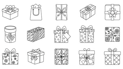 Fototapeta premium Collection of fifteen different black and white outline icons depicting various shapes and sizes of beautifully wrapped gift boxes and a paper shopping bag ready for coloring.