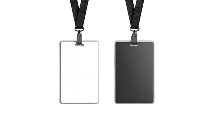 Two blank rectangular ID badges, one white, one black, with black lanyards against black