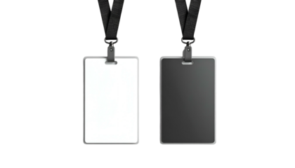Two blank rectangular ID badges, one white, one black, with black lanyards against black