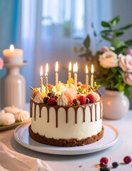 Delicious Birthday Cake with Lit Candles and Chocolate Drip.