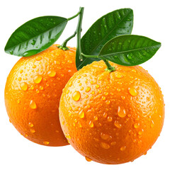 Two vibrant oranges with green leaves, glistening with water droplets, isolated