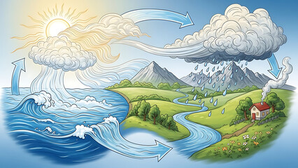 Detailed educational illustration of Earth's water cycle, depicting evaporation, condensation, precipitation, and runoff.