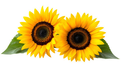 Two vibrant sunflowers with large yellow petals and dark centers, plus green leaves