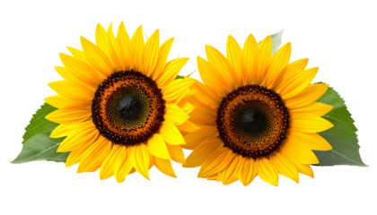 Two vibrant sunflowers in full bloom with visible petals and dark centers, set against black